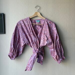 Sika‎ Wrap Top Cotton Printed Lilac Rust 3/4 Sleeve Tie Front Cropped Top Size 4